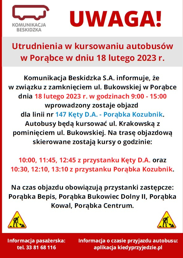 Utrudnienia w kursowaniu autobusów w Porąbce w dniu 18 lutego 2023 r.