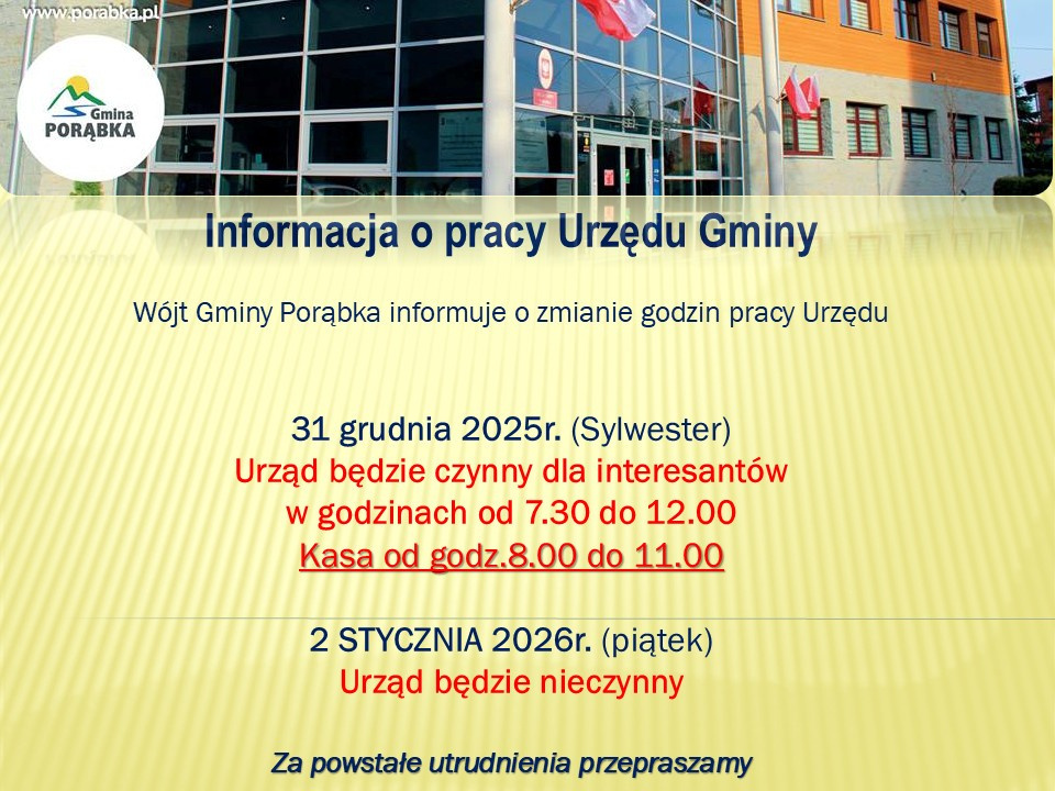 Informacja o zmianie godzin pracy Urzędu Gminy.