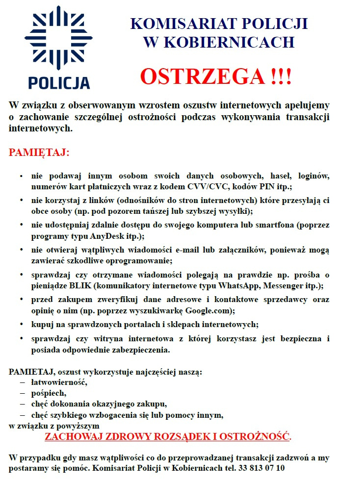 KOMISARIAT POLICJI W KOBIERNICACH OSTRZEGA !!!