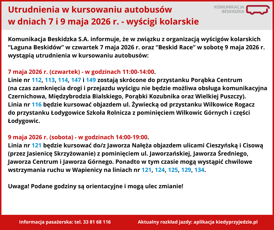 Utrudnienia w kursowaniu autobusów w dniach 7 i 9 maja 2026 r. - wyścigi kolarskie