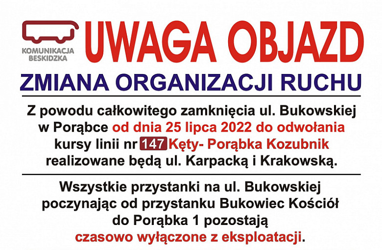 Porąbka: ul. Bukowska odwołane kursy linii 147