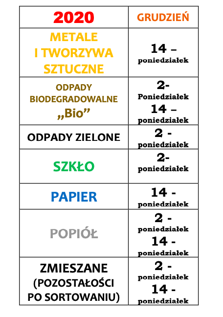 INFORMACJA O ZMIANIE W HARMONOGRAMIE ODBIORU ODPADÓW KOMUNALNYCH