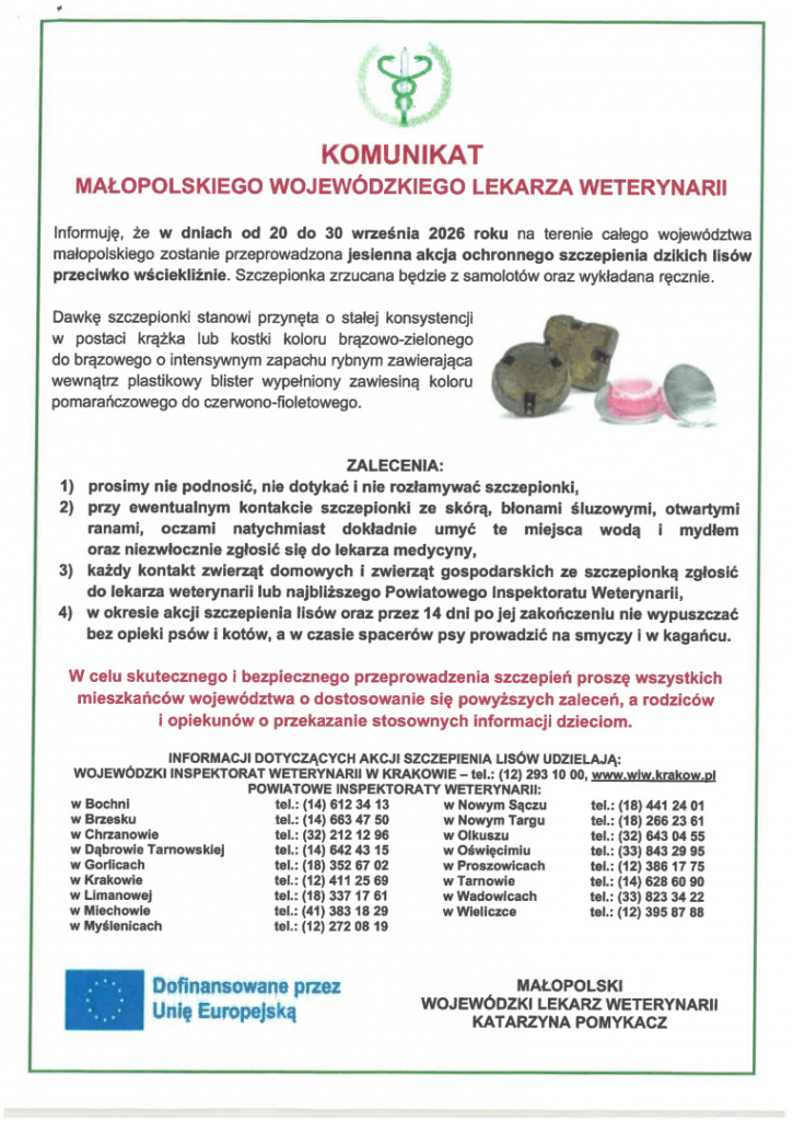 Komunikat Małopolskiego Wojewódzkiego Lekarza Weterynarii