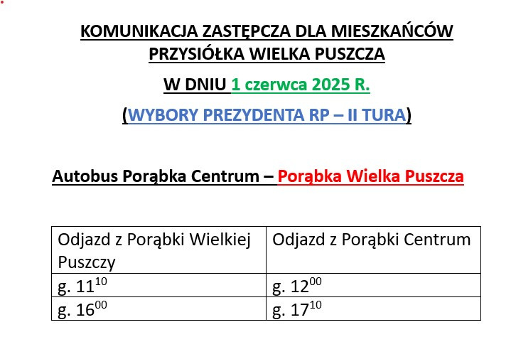 KOMUNIKACJA ZASTĘPCZA DLA MIESZKAŃCÓW PRZYSIÓŁKA WIELKA PUSZCZA